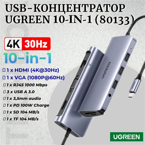 USB Концентратор UGREEN 10 in1 80133 4K HDMI VGA RJ45 USB 3 0 3