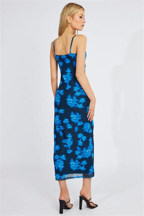 Blue Floral Bodycon Maxi Dress Mesh Ally Fashion