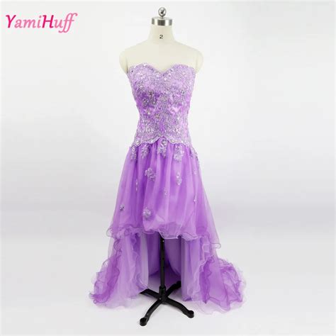 Purple Lace Prom Dresses Short Front Long Back Strapless Tulle Formal