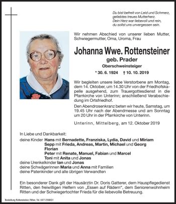 Traueranzeigen Von Johanna Rottensteiner Trauer Bz