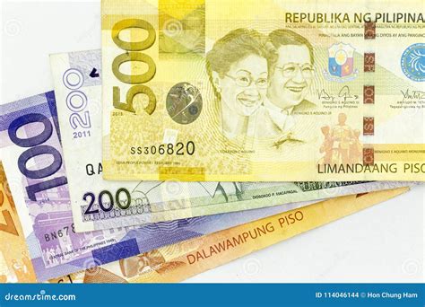 Currency Banknotes Spread Across Frame Philippines Peso in Various ...