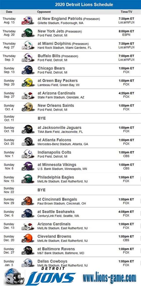 Detroit Lions Schedule Printable Printable Schedule