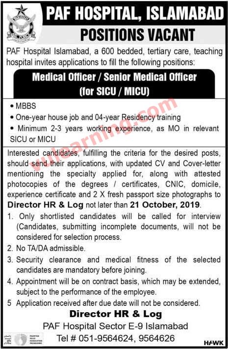 Paf Hospital Islamabad Jobs October 2019 For Medical Officers Latest