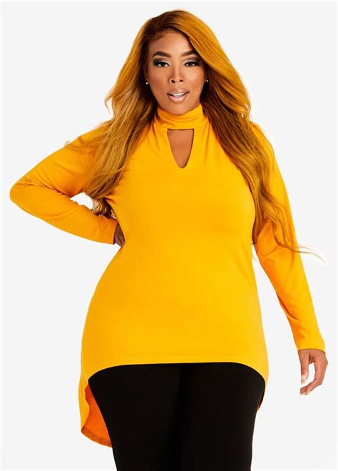 Plus Size Cutout Mock Neck Stretch Knit Hi Low Statement Top Mock