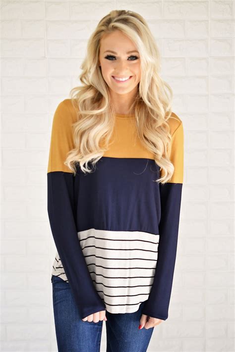 Long Sleeve Colorblock Top Mustard And Navy The Pulse Boutique