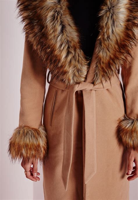 Missguided Faux Fur Collar And Cuff Detail Wool Coat Camel In Natural