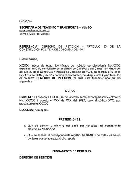 Derecho De Petici N Eliminaci N Comparendo Transito Se Or Es