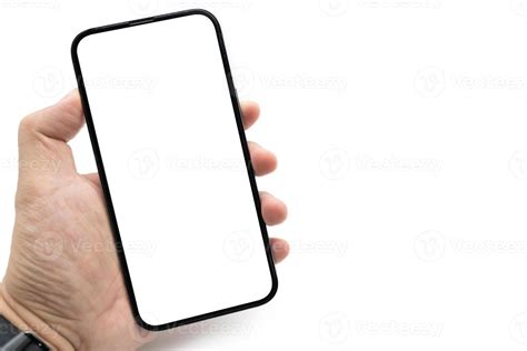 Hand Holding Blank Screen Smartphone For Copy Space Isolated On White