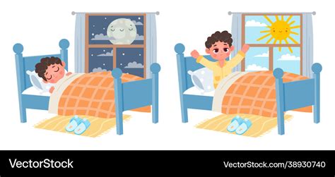 Cartoon kid boy sleep at night wake up morning Vector Image