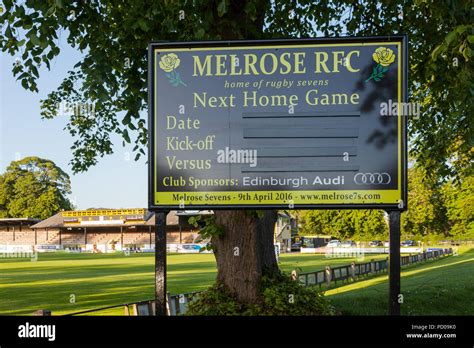 A sign welcoming supporters to Melrose Rugby Union Club in Melrose ...