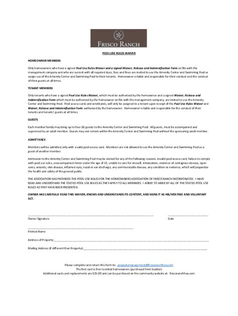 Fillable Online Swimming Pool Waiver Release Form Template Fax Email