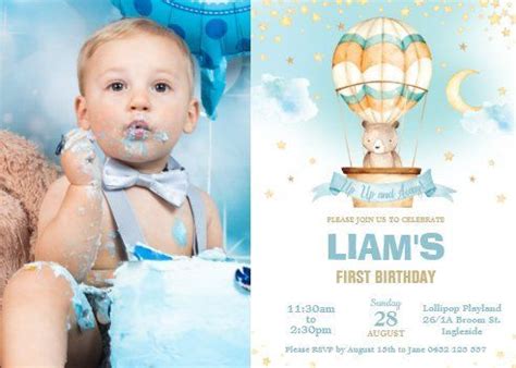 Chic Hot Air Balloon Teddy Bear Boy Birthday Photo Invitation Zazzle Photo Birthday