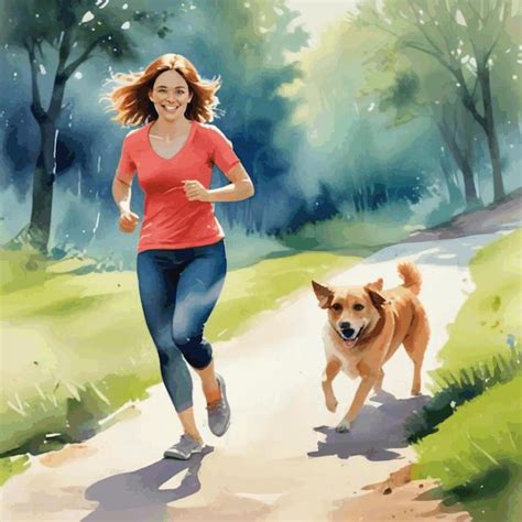 Watercolor Illustration Of A Woman Running With Her Dog Premium Ai