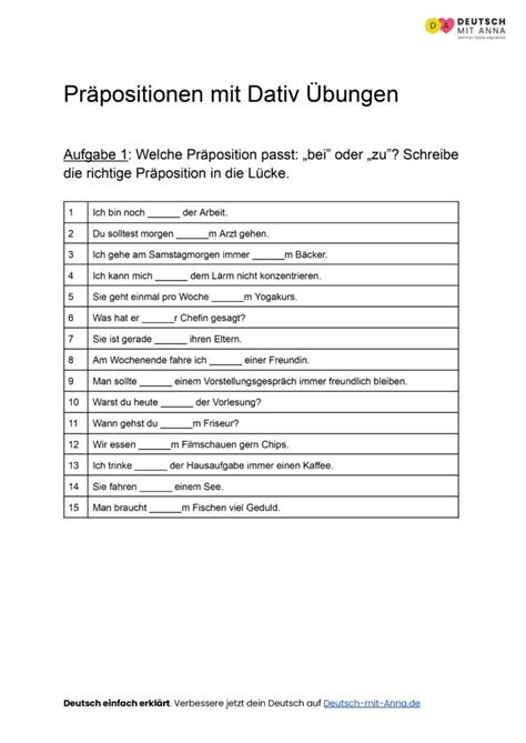 Pr Positionen Mit Dativ Bungen Mit L Sungen A B Pdf