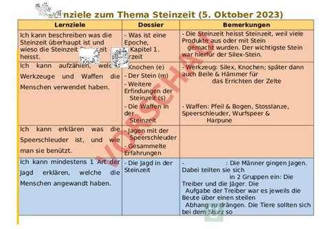 Arbeitsblatt Lernziele Thema Steinzeit Geschichte Altertum