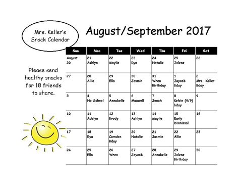 Snack Calendar Mrs Kellers Kindergarten