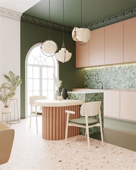 Décor do dia cozinha terrazzo verde e armário rosa claro Casa