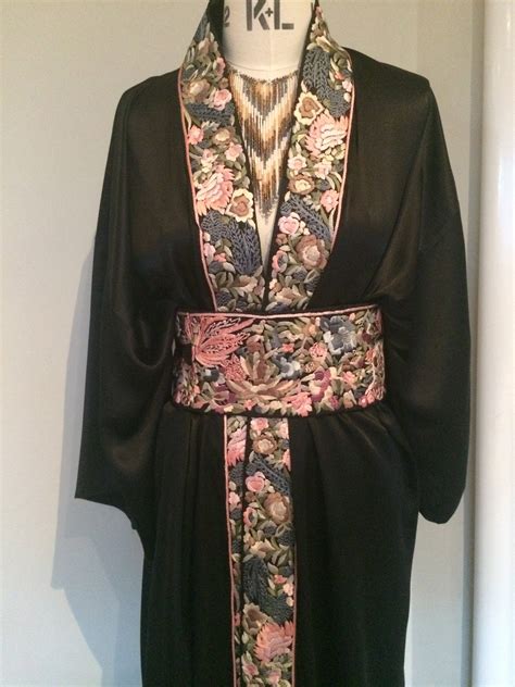 100 Silk Kimono Style Dressing Gown With Embroidered Trim And Etsy