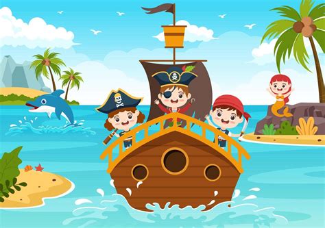 Cute Pirate Cartoon Character Illustration With Wooden Wheel Chest