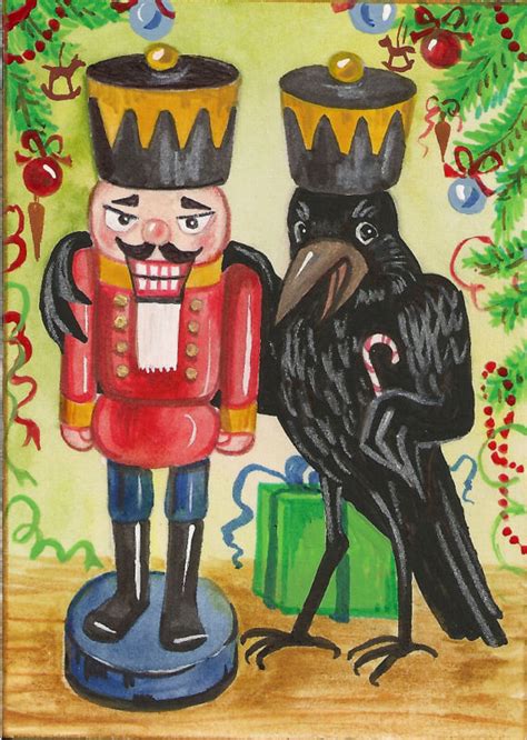 Aceo Nutcracker Christmas Raven Crow Ryta Art Print Of Painting Tree