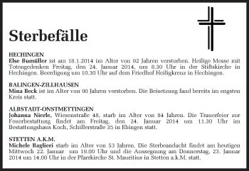 Traueranzeigen von Sterbefälle vom 22 01 2014 Schwarzwälder Bote Trauer