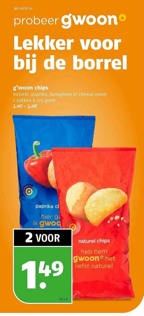 G Woon Chips Naturel Paprika Bolognese Of Cheese Onion Aanbieding Bij