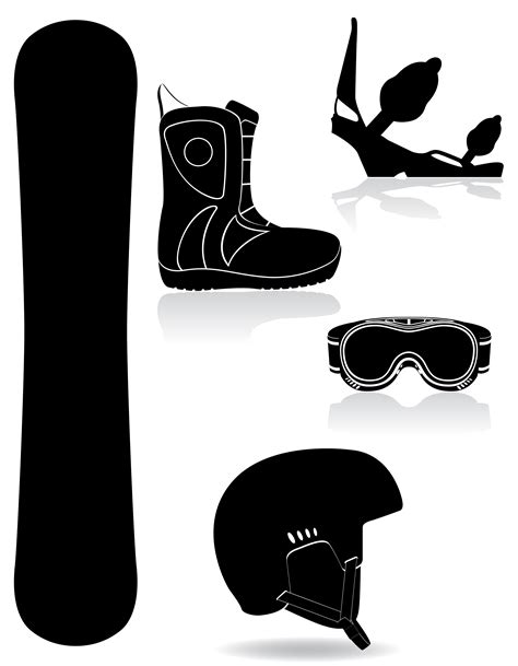 Set Icons Equipment For Snowboarding Black Silhouette Vector