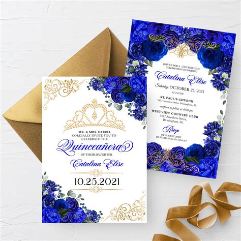 Editable Invitation Elegant Royal Blue Floral Quinceanera Invitation