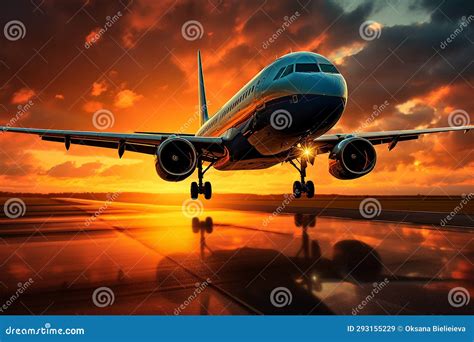 A Large Jet Airliner Takes Off From An Airport Runway At Sunset Or Dawn