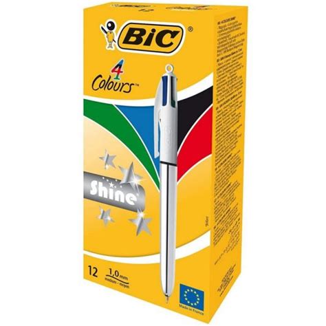 Bic Shine 4 Couleurs Boite de 12 Stylos Rétractables Corps Argent