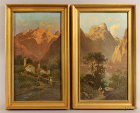 Coppia Di Paesaggi Montani Con Figure Olio Su Tavola Cm 45x25