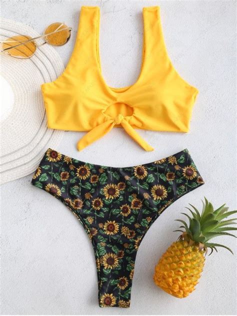 Off Zaful Sunflower Keyhole Tied Bikini Set In Multi A Zaful