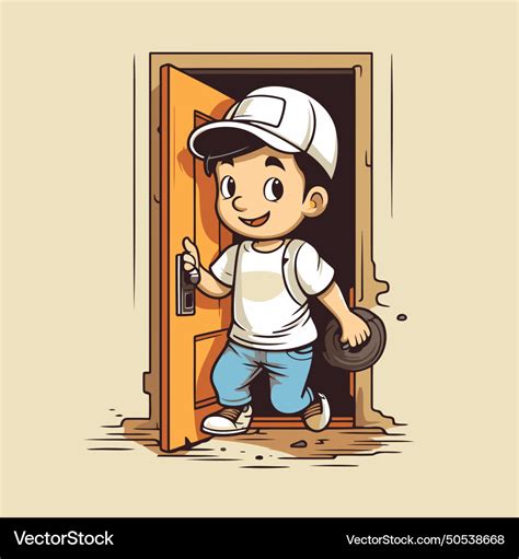 Cartoon boy opening the door in style Royalty Free Vector