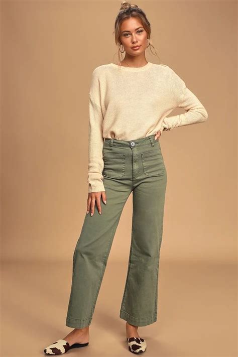 Sailor Olive Green High Waisted Cropped Wide Leg Jeans Olive Pants Outfit Olive Green Pants