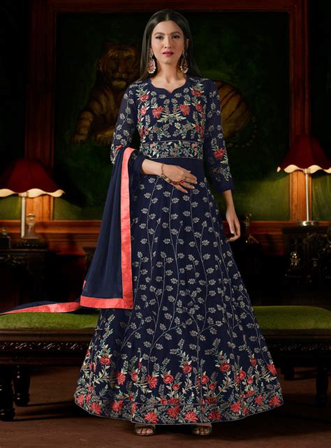 Gauhar Khan Navy Blue Georgette Long Anarkali Suit