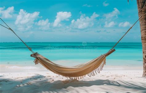 Hammock Hanging Between Palm Trees On Tropical Beach Stock Image