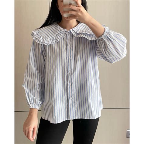 Jual Eska Emma Blouse Kemeja Wanita Garis Stripe Sailor Kerah