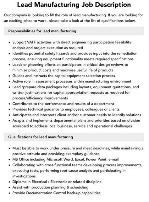 Lead Manufacturing Job Description Velvet Jobs