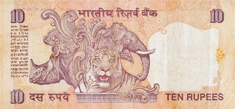 Elephant Rhinoceros And Tiger Depicted On Indian Bank Note Ten Rupees 10 Rupee National