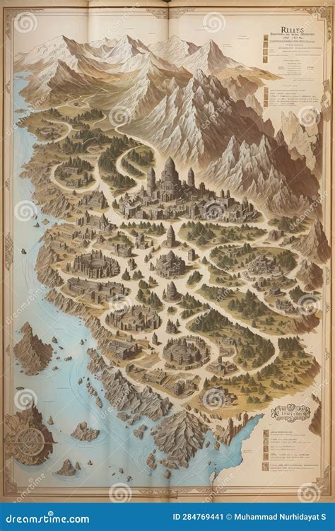 detailed antique map engraving illustrates  medieval landscape