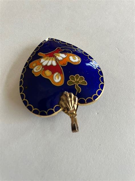 Vintage Heart Pendant Cactus Butterfly Cloisonn Blue Enamel Puffy