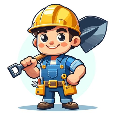 Premium Vector Happy Cartoon Construction Worker With Shovel And Tool