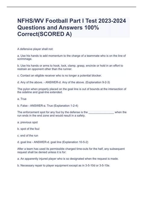 NFHS WV Football Part I Test Questions And Answers 100 Correct SCORED