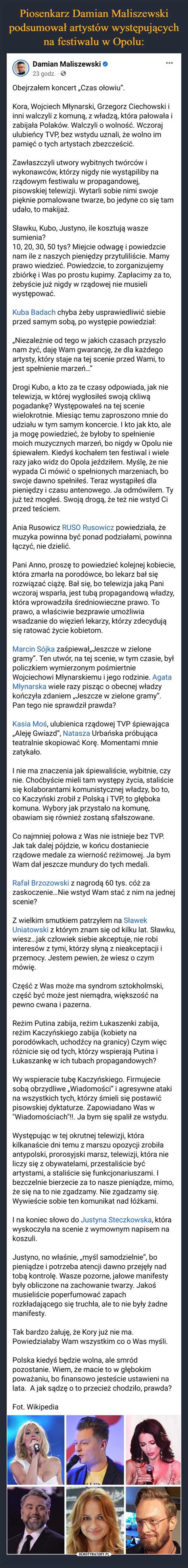 Piosenkarz Damian Maliszewski podsumował artystów występujących na