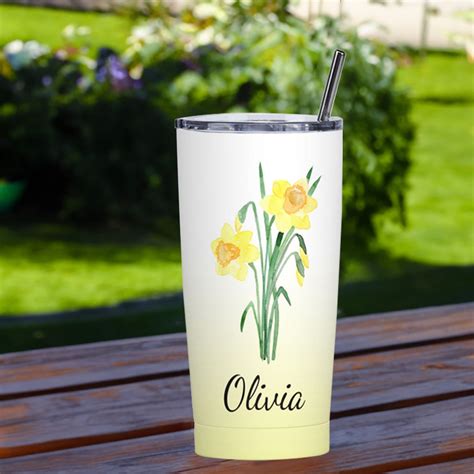 Personalized Birth Flower Tumbler Stainless Steel 20oz Birth Flower Travel Mug With Straw