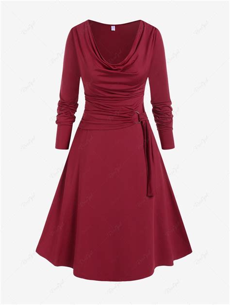 Rosegal Plus Size Valentine Day Cowl Neck O Ring Ruched Long Sleeve Midi Dress