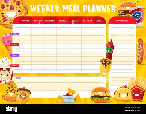 Weekly Meal Planner Funny Cartoon Takeaway Fast Food Characters