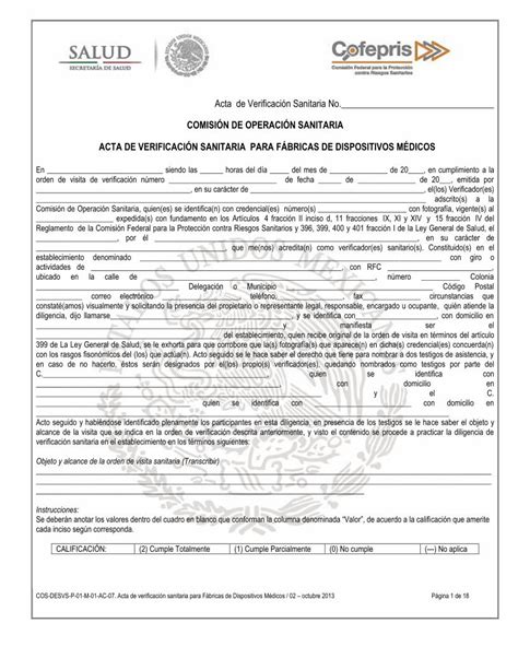 Pdf Acta De Verificaci N Sanitaria No Gob Mx El Establecimiento