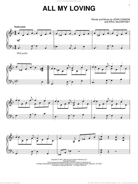 Beatles All My Loving Intermediate Sheet Music For Piano Solo