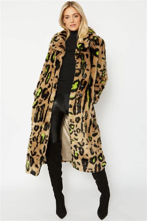 Faux Fur Maxi Coat With Bold Leopard Print Design Jayley